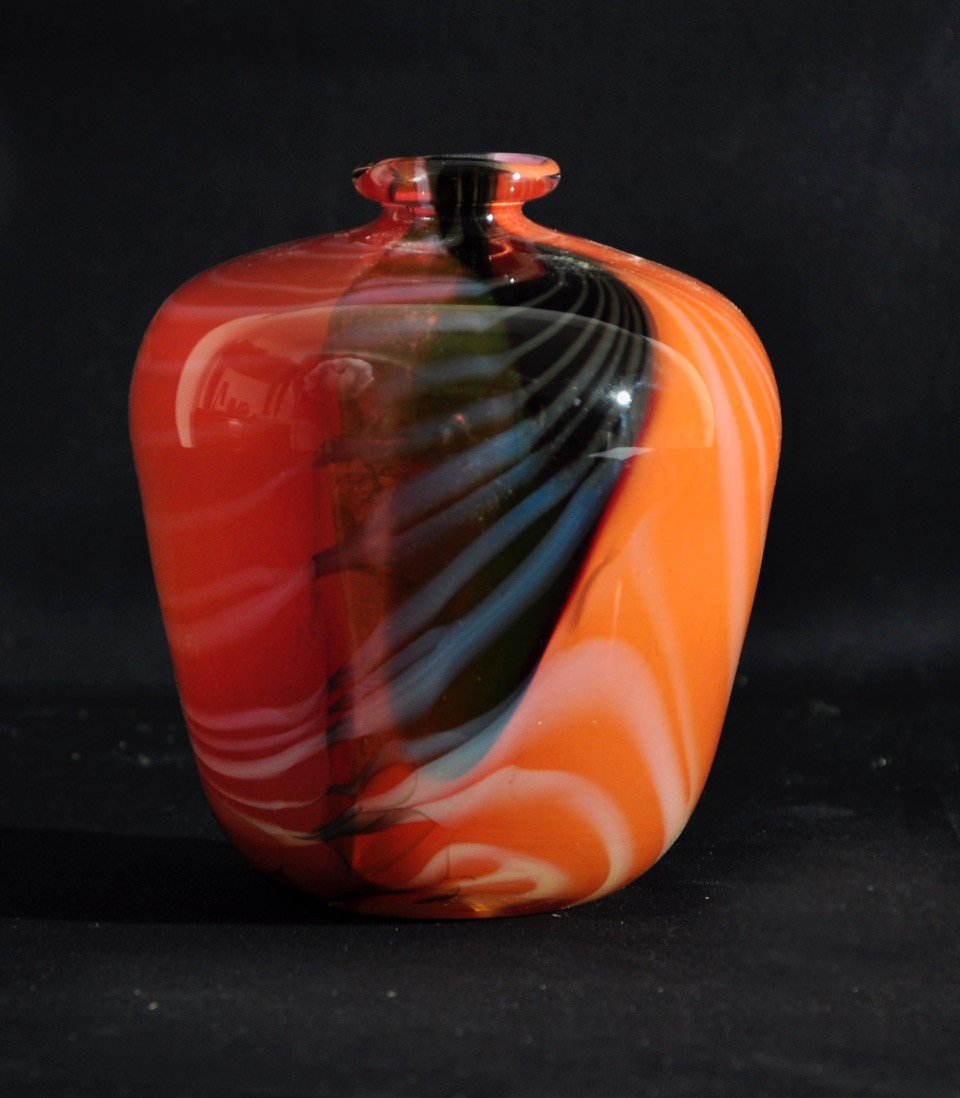 Vase En Verre Soufflé Signée Claude Morin Circa 1970