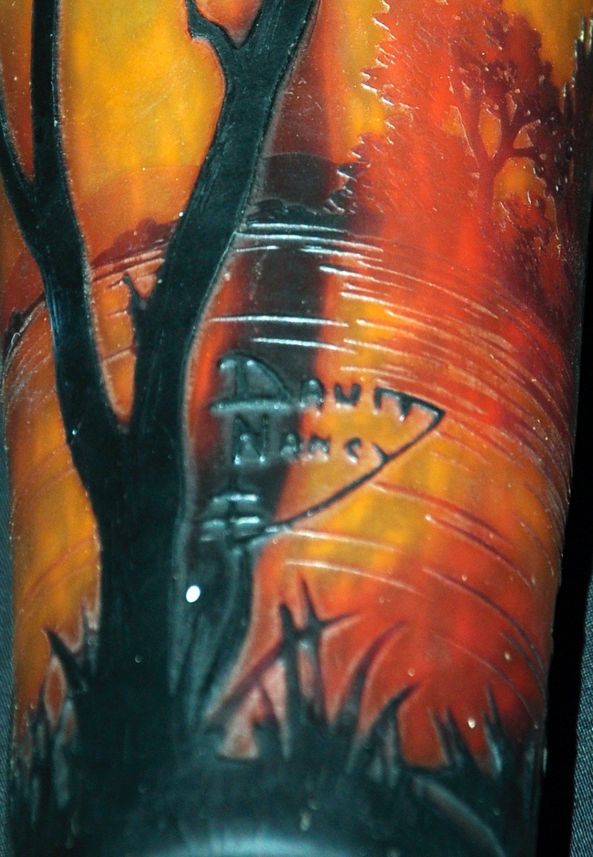 Art Nouveau Period Multilayer Vase Glass Paste Lake Landscape Decor Signed Daum Nancy-photo-2