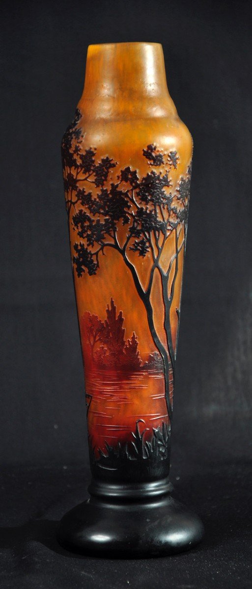 Art Nouveau Period Multilayer Vase Glass Paste Lake Landscape Decor Signed Daum Nancy