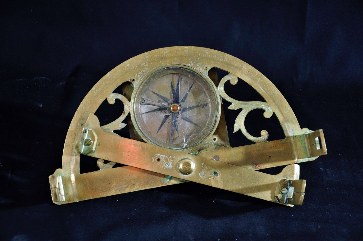 18th Century Brass Graphometer With Built-in Compass