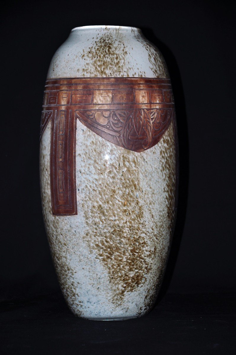 Paire De Vases Ovoïdes Signés Legras Art Déco Pâte De Verre Marmoréenne Circa 1930-photo-1