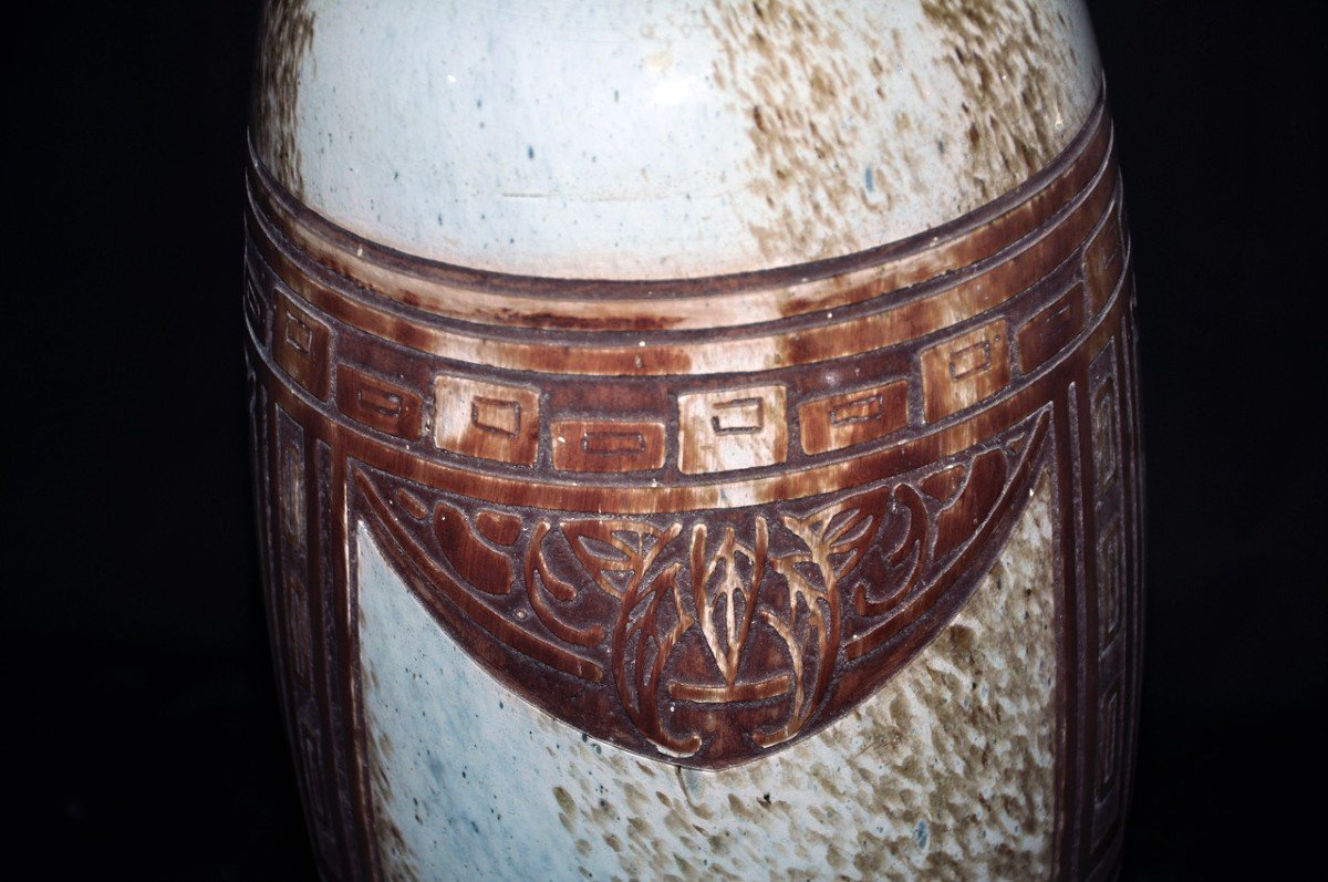 Paire De Vases Ovoïdes Signés Legras Art Déco Pâte De Verre Marmoréenne Circa 1930-photo-3