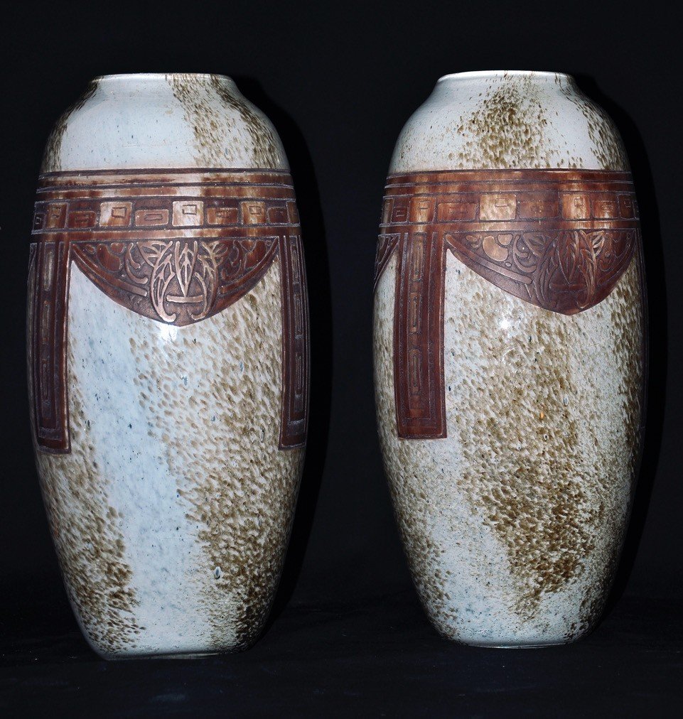 Paire De Vases Ovoïdes Signés Legras Art Déco Pâte De Verre Marmoréenne Circa 1930