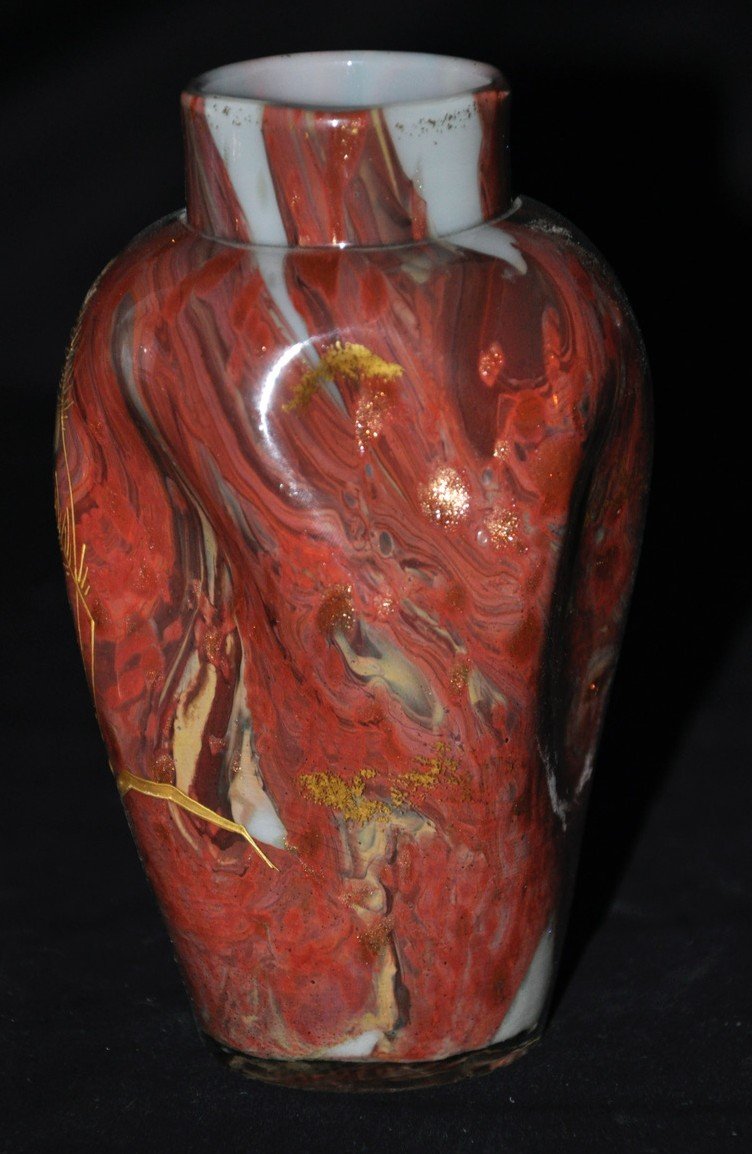 Gold Enamelled Glass Vase With Floral Decoration From The Early 20th Century-photo-2