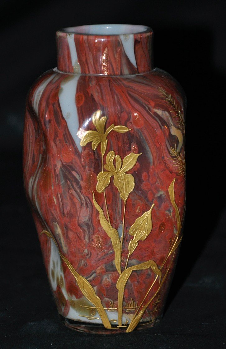 Gold Enamelled Glass Vase With Floral Decoration From The Early 20th Century