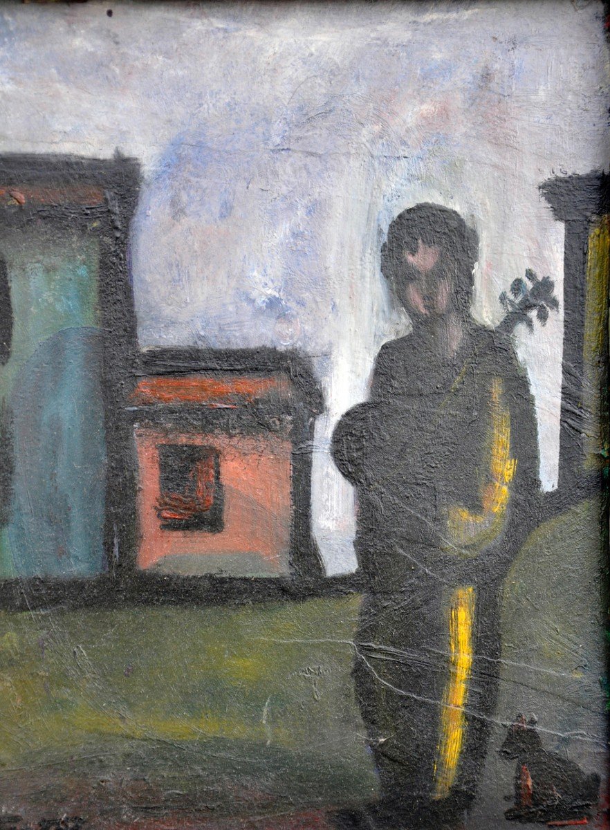 Oil On Isorel The Man With The Guitar Illegible Signature Circa 1970-photo-2