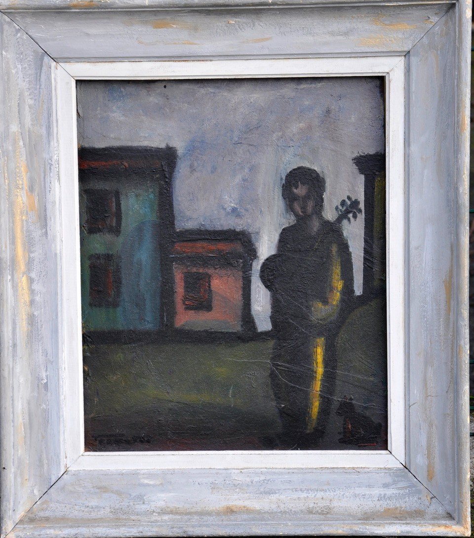 Oil On Isorel The Man With The Guitar Illegible Signature Circa 1970