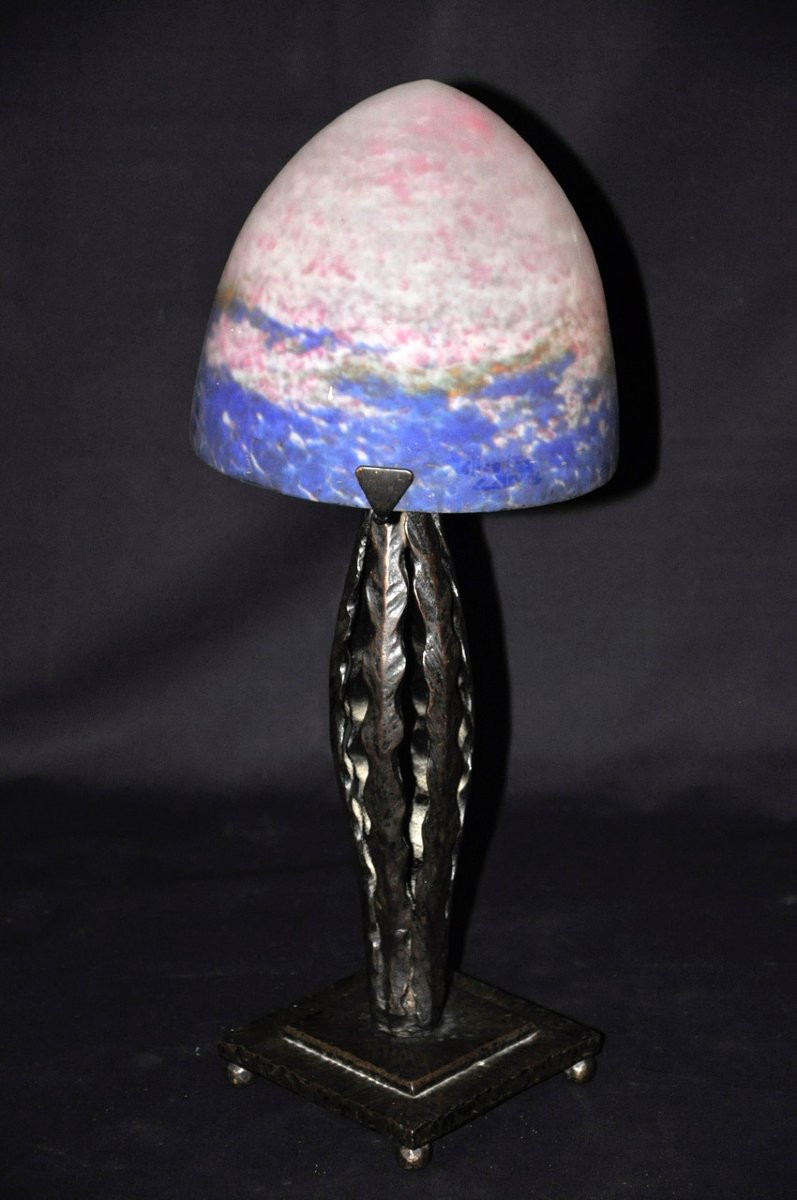 Wrought Iron Lamp In The Style Of Brandt, Glass Paste Signed Muller Circa 1920-photo-1