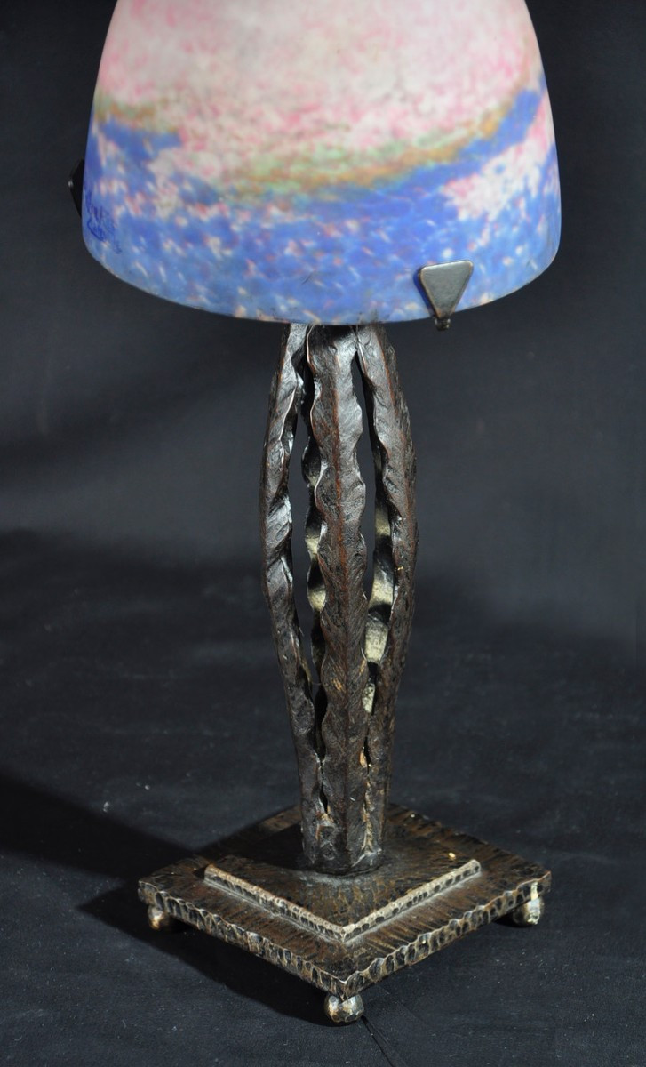 Wrought Iron Lamp In The Style Of Brandt, Glass Paste Signed Muller Circa 1920