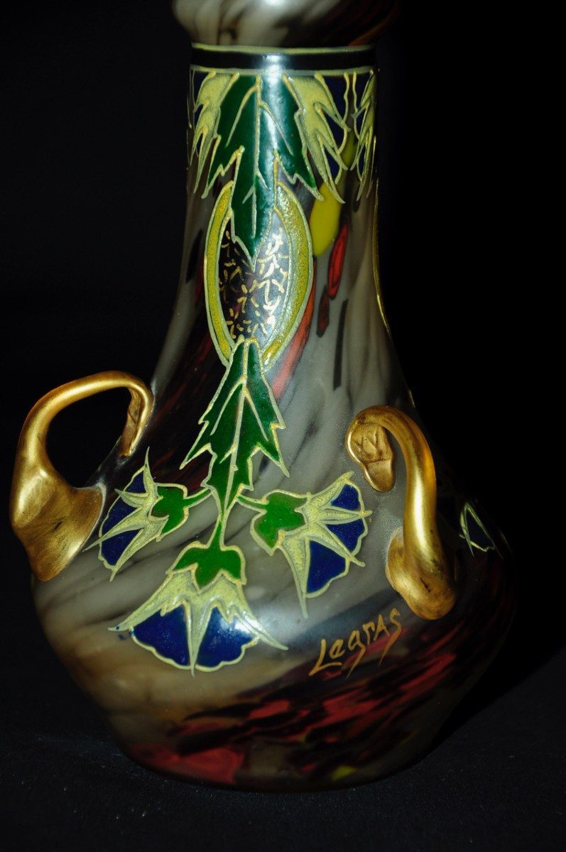 Legras Enamelled Glass Vase With Plant Decoration Circa 1920-photo-2