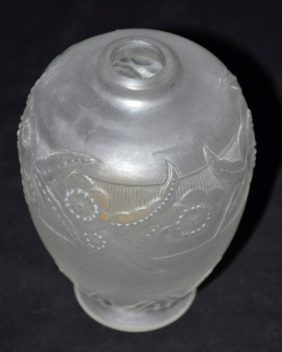 Glass Vase Signed Sabino, Molded, Frosted, Floral Decoration, Circa 1930