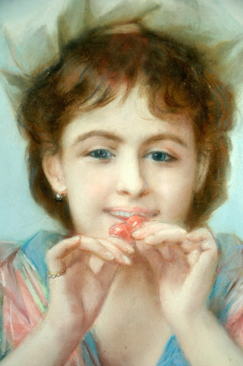 Pastel Young Girl With Cherries Circa 1880-photo-2