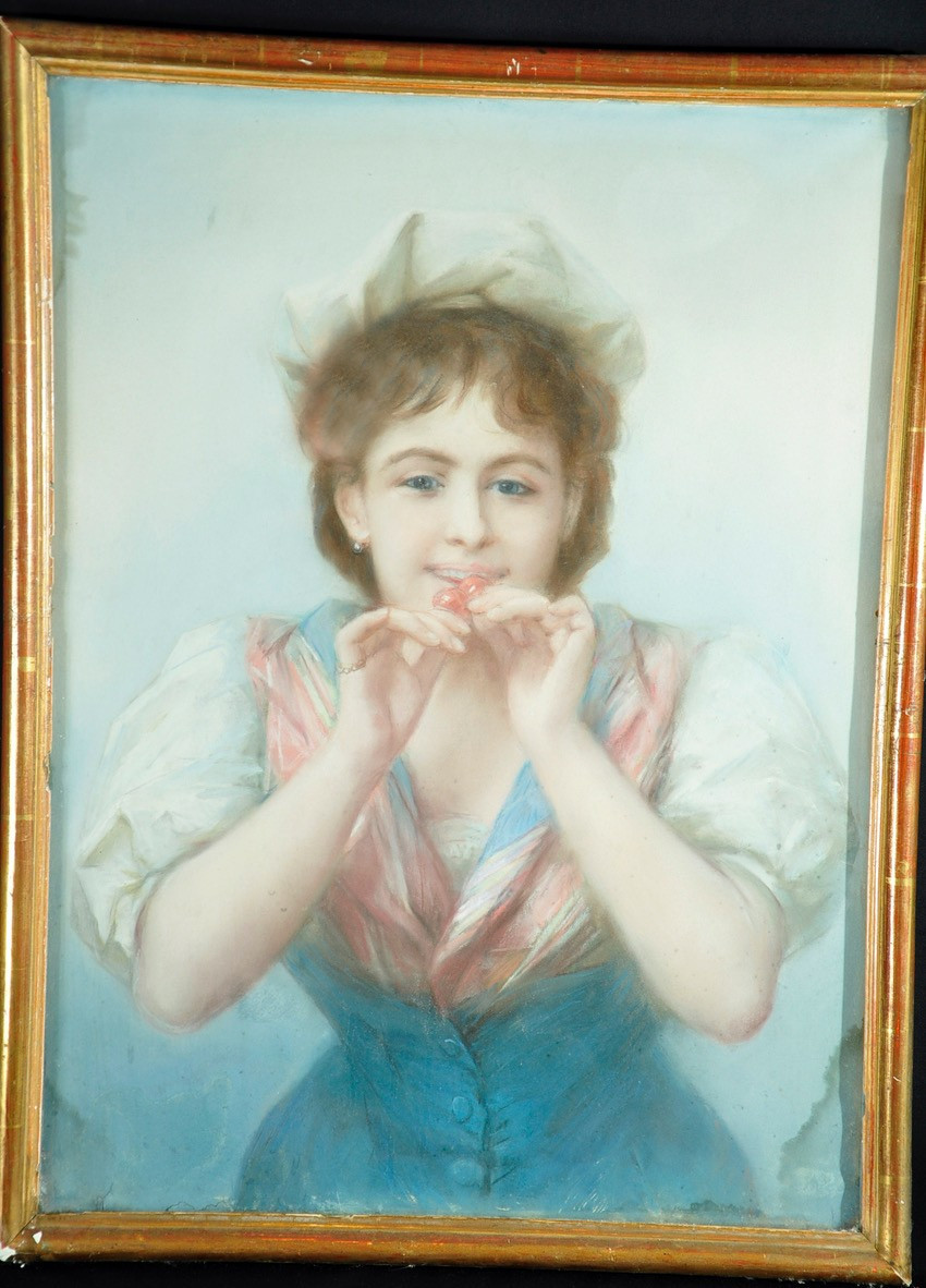 Pastel Young Girl With Cherries Circa 1880