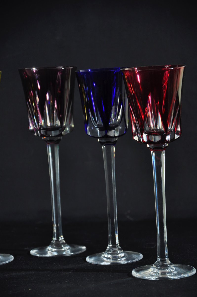 Six verres à pied en cristal coloré signé Cristallerie de Sèvres Circa 1970/80-photo-2