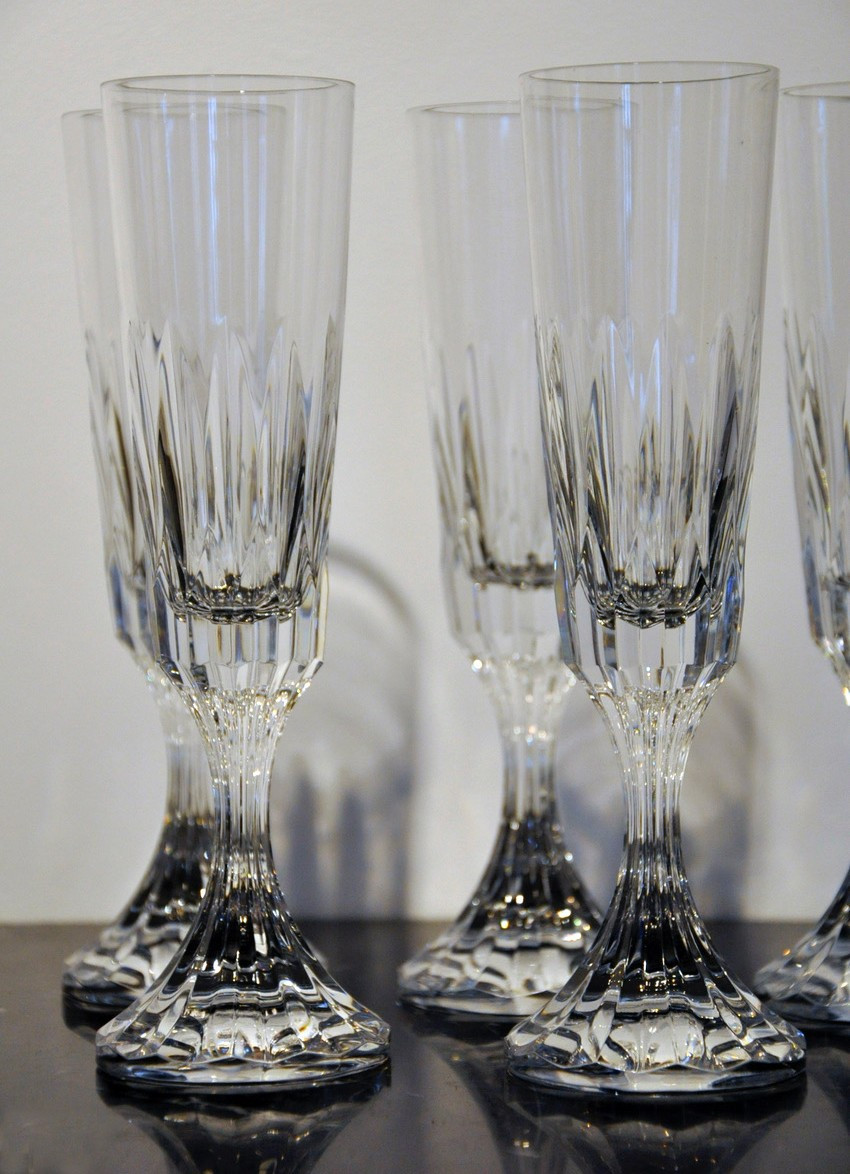 Six Crystal Champagne Flutes By Baccarat, Assas Model-photo-2