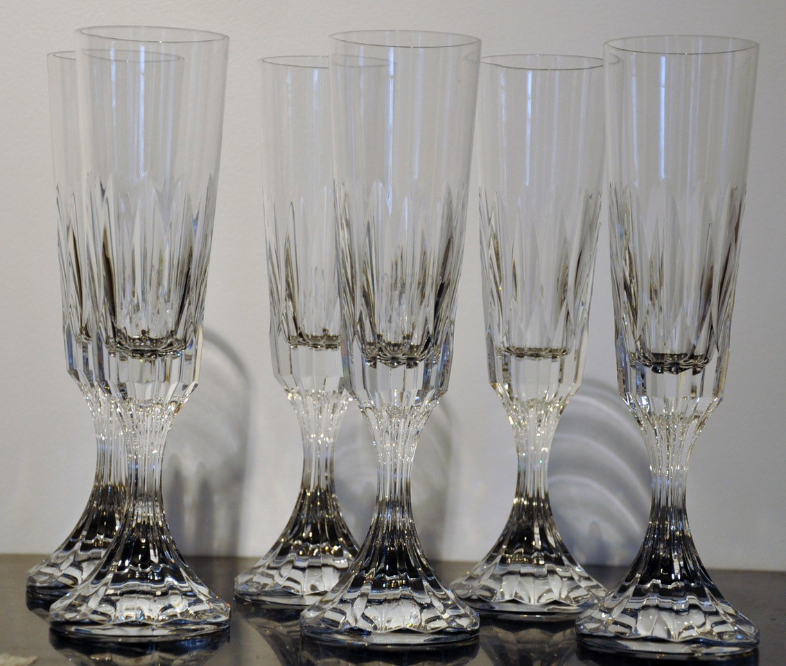 Six Crystal Champagne Flutes By Baccarat, Assas Model