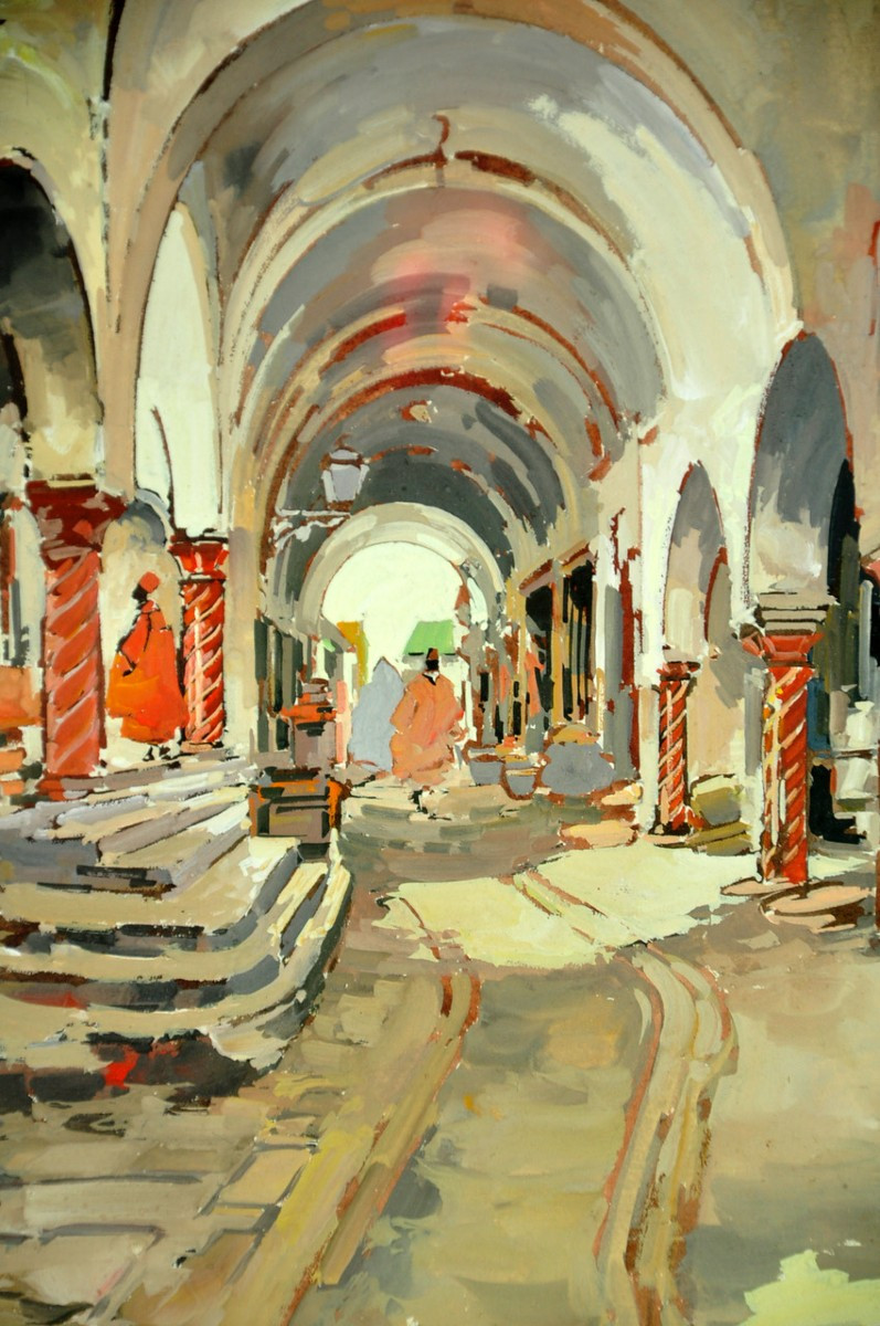 Gouache signée Théophile Jean Delaye représentant un souk animé-photo-3