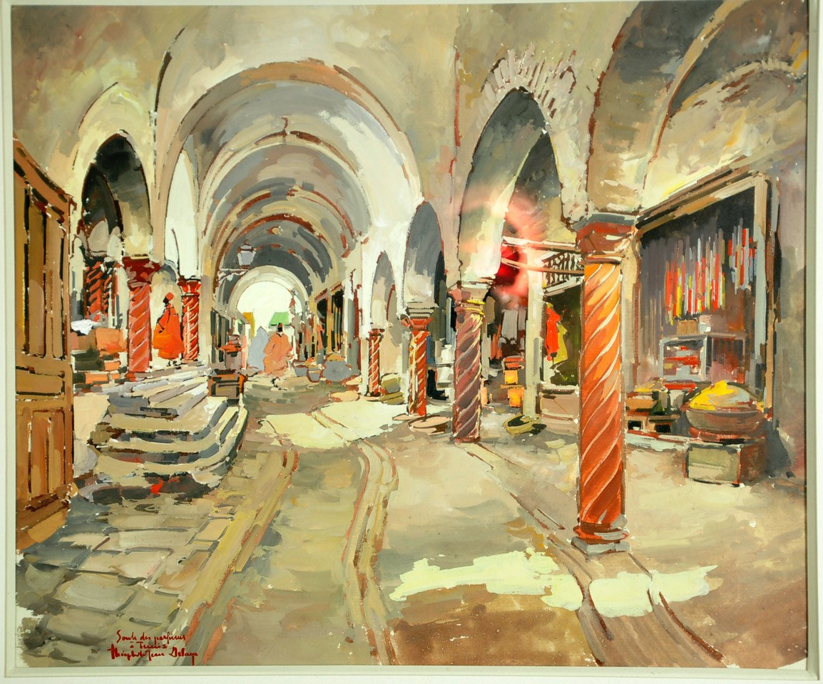 Gouache signée Théophile Jean Delaye représentant un souk animé-photo-4