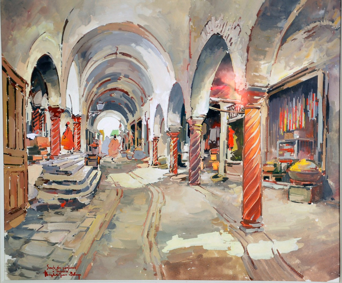 Gouache signée Théophile Jean Delaye représentant un souk animé-photo-1