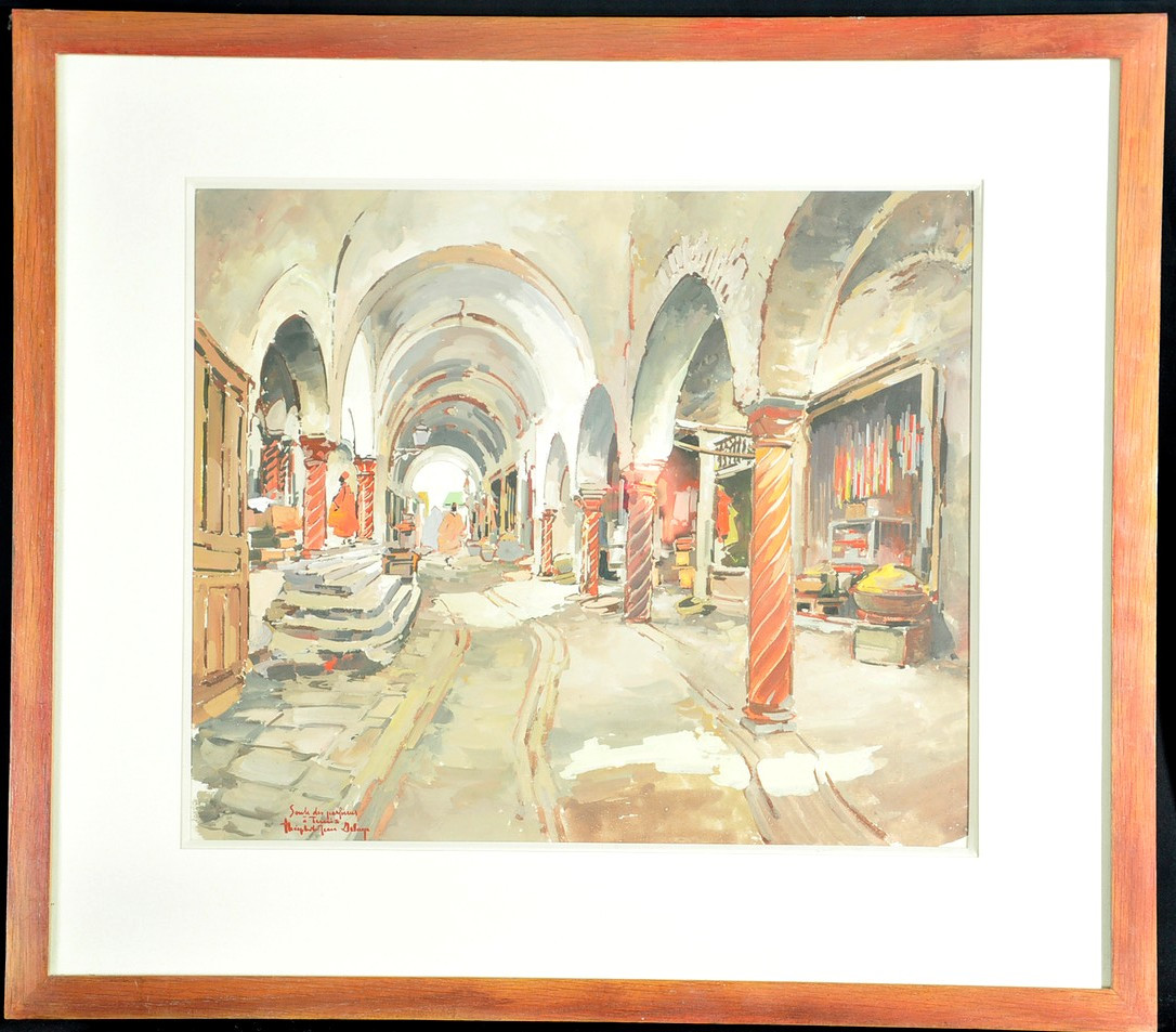 Gouache signée Théophile Jean Delaye représentant un souk animé