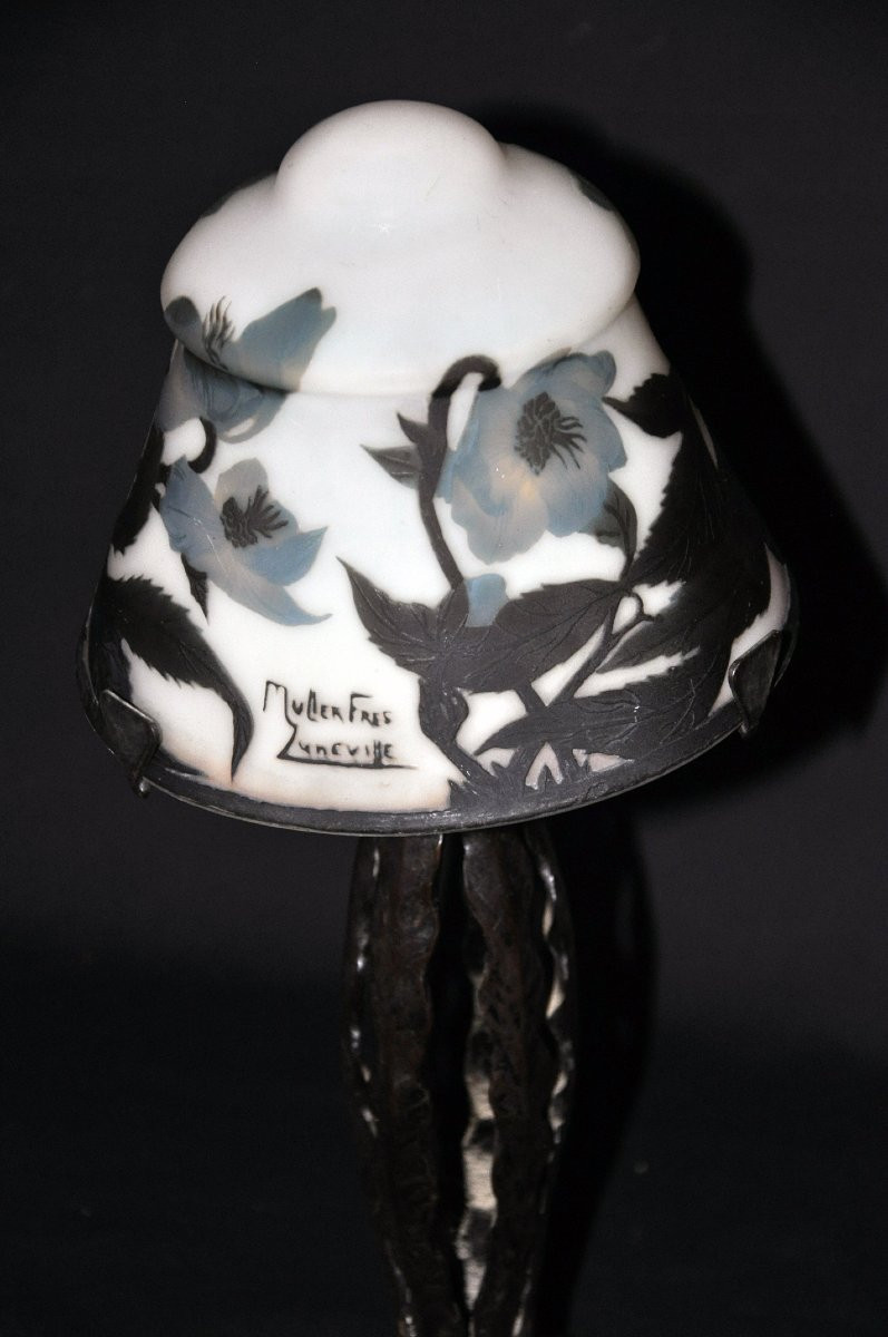 Lamp Signed Muller Frères Multi-layer Glass Paste Forged Base In The Style Of Brandt-photo-4