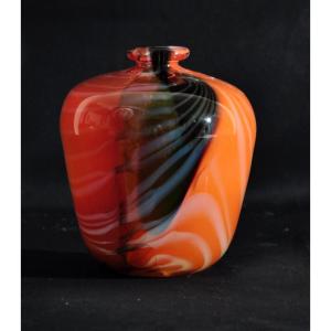 Vase En Verre Soufflé Signée Claude Morin Circa 1970