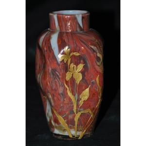 Gold Enamelled Glass Vase With Floral Decoration From The Early 20th Century