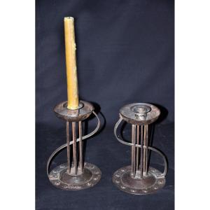 Pair Of Arts & Crafts Style Wrought Iron Candlesticks, Early 20th Century