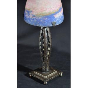 Wrought Iron Lamp In The Style Of Brandt, Glass Paste Signed Muller Circa 1920