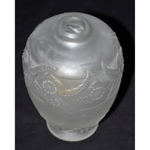 Glass Vase Signed Sabino, Molded, Frosted, Floral Decoration, Circa 1930