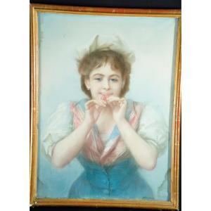 Pastel Young Girl With Cherries Circa 1880