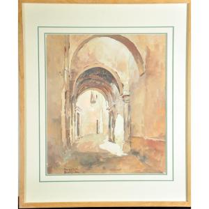 Gouache Signed Théodore Jean Délaye Representing A Vaulted Street