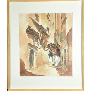 Gouache signée Théophile Jean Delaye représentant une scène de rue animée