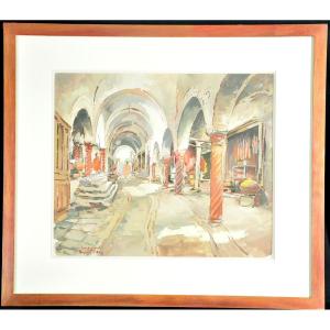 Gouache Signed Théophile Jean Delaye Representing A Lively Souk