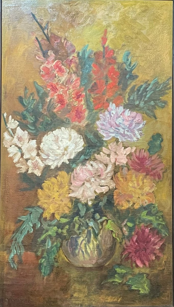 Still Life With Chrysanthemums, Oil On Canvas-photo-2