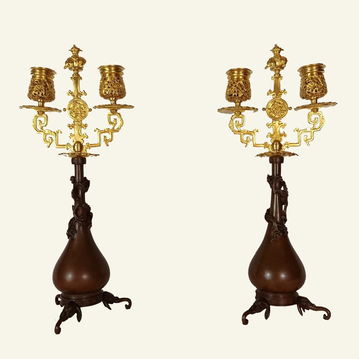 Pair Of Japanese-style Candlesticks By Ferdinand Barbedienne And Edouard Lievre.-photo-2