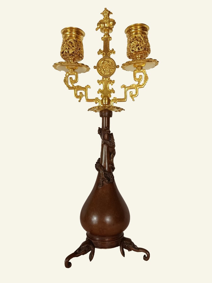 Pair Of Japanese-style Candlesticks By Ferdinand Barbedienne And Edouard Lievre.-photo-3