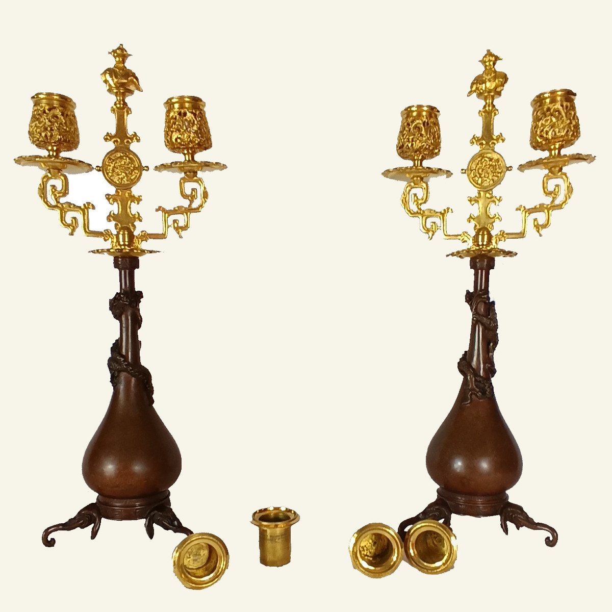 Pair Of Japanese-style Candlesticks By Ferdinand Barbedienne And Edouard Lievre.-photo-2