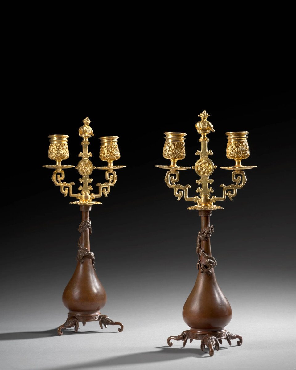 Pair Of Japanese-style Candlesticks By Ferdinand Barbedienne And Edouard Lievre.