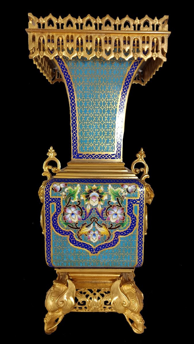 Paire De Vases Japonisants En émail Cloisonné Attribués à Ferdinand Barbedienne (1810-1892) Et -photo-2