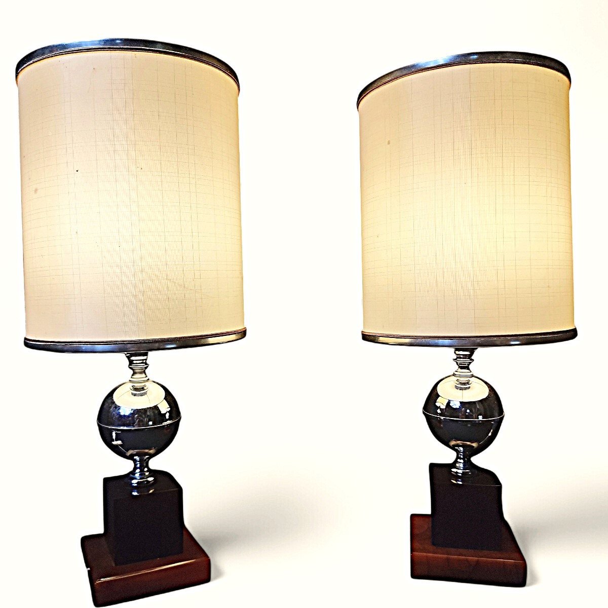 Pair Of Lamps Att. Maison Barbier Lamps In Steel And Bakelite/resin Fawn, 1960s-1970s-photo-4