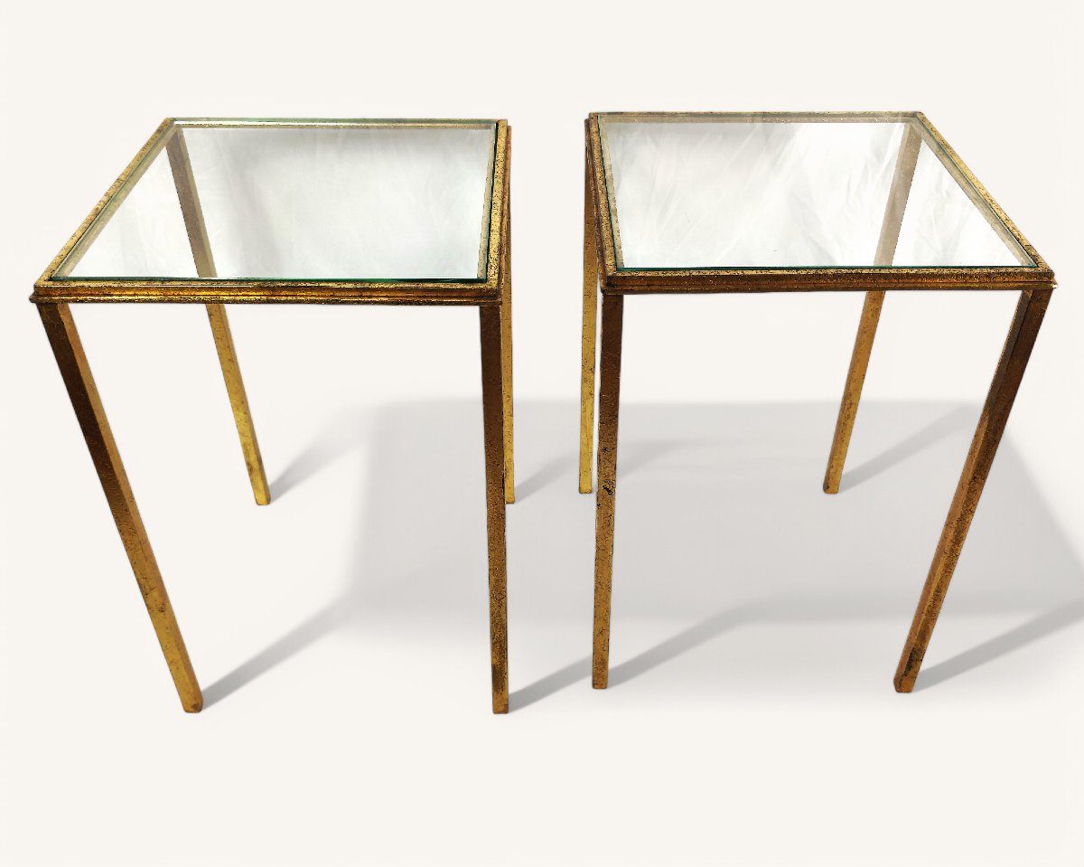 Two High Square Tables In Gold Metal By Robert Thibier -photo-2