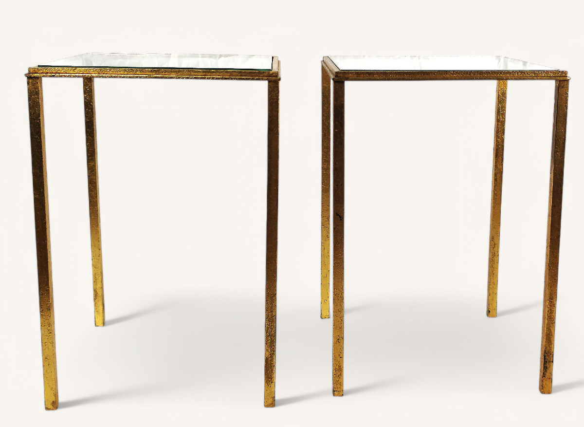 Two High Square Tables In Gold Metal By Robert Thibier 