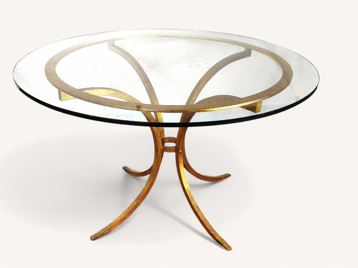 Round Gold Metal Dining Table By Robert Thibier-photo-2