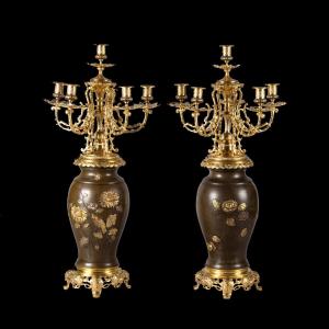 Pair Of Aesthetic Style Candelabras - Meiji Base With Shakudo Decoration