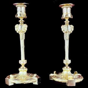 Maison Marnyhac - Pair Of Candlesticks - Gilt & Chiseled Bronze - 19th Century