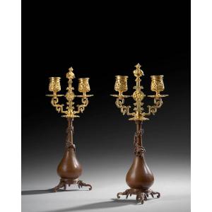 Pair Of Japanese-style Candlesticks By Ferdinand Barbedienne And Edouard Lievre.