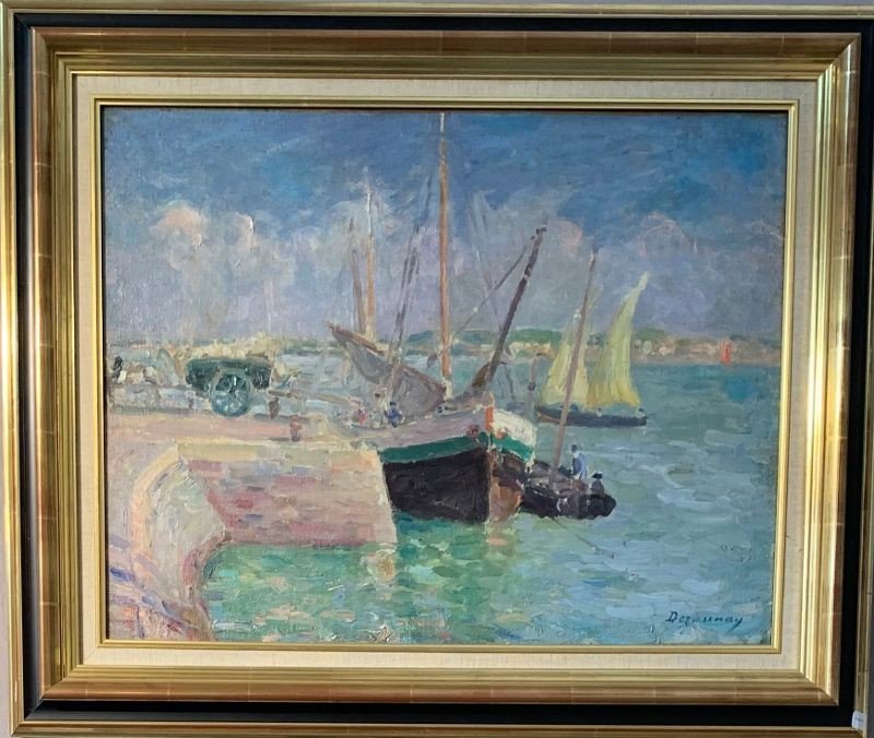 Emile Dezaunay (1854-1938) Hst , "Port animé en Bretagne" 