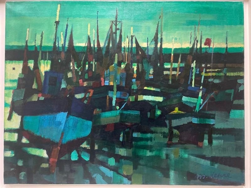 Marcel Depre (1919-1990) Hst " Bateaux à quai " Bretagne