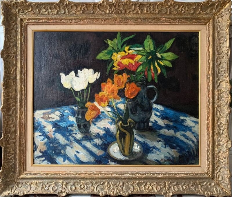 Jean Laurent Challié (1880-1943) Oil On Canvas "still Life With Tulips" 